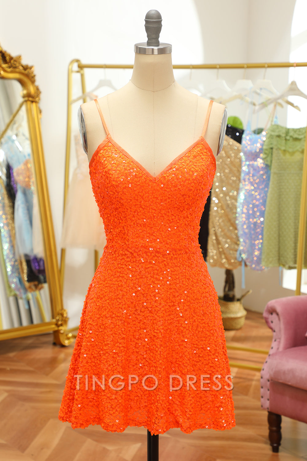 TingPo Wholesale Elegant Sequined Orange Lace-Up Homecoming Dress formal wear dresses